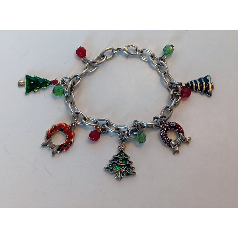 Silvertone Green & Red Enamel Christmas Tree & Wreath Bracelet 7 in